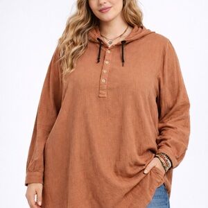 Boho Linen-Feel Cotton Hooded Tunic Top XL | Relaxed Fit